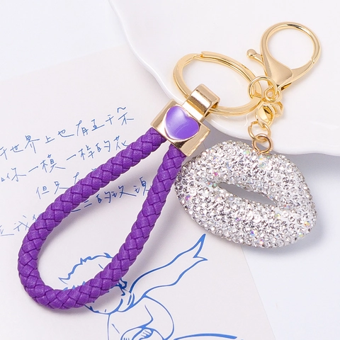 Llavero de Labios con Strass para Mujer Cuerda de Cuero Trenzada Colgante de Corazón Bañado en Oro Accesorio de Moda