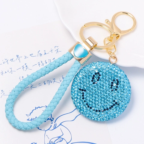 Rhinestone Smiley Face Keychain With Braided Leather Strap Gold Plated Zinc Alloy Heart Charm Bag Pendant Women Gift