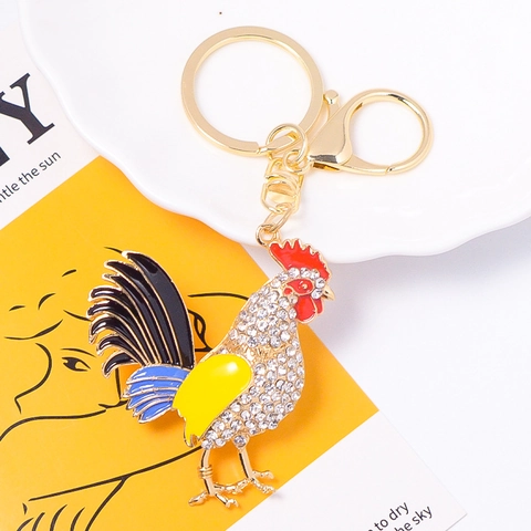 Portachiavi Gallo in Strass Oro Lega Zinco Colorato Smalto Animale Ciondolo Borsa Gioielli Zodiaco Pollo Regalo