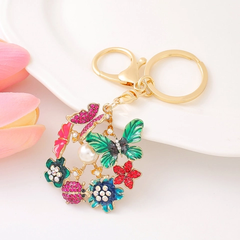 Llavero de Mariposa y Flor con Diamantes de Imitación Aleación de Zinc Esmalte Mariquita Perla Artificial Colgante de Bolso Joyería Regalo