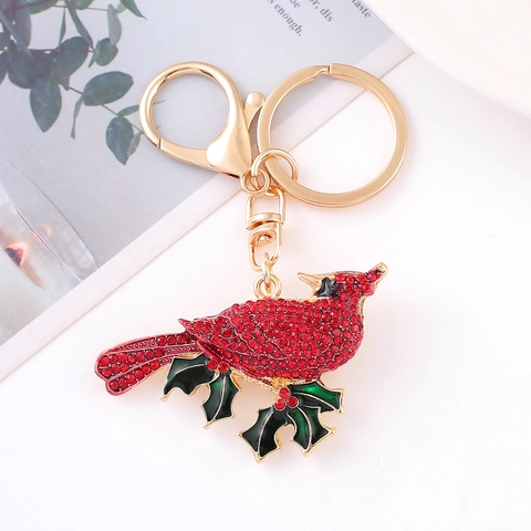 Luxury Red Cardinal Bird Rhinestone Keychain Gold Plated Zinc Alloy Holly Leaf Enamel Bag Pendant Christmas Wedding Party Gift
