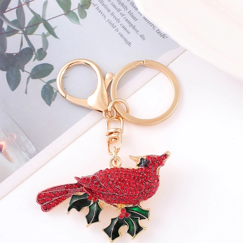 Luxury Red Cardinal Bird Rhinestone Keychain Gold Plated Zinc Alloy Holly Leaf Enamel Bag Pendant Christmas Wedding Party Gift
