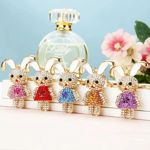 Luxury Zinc Alloy Rhinestone Rabbit Keychain Shiny Cartoon Animal Keyring Car Backpack Pendant Ornament For Unisex Gift Jewelry