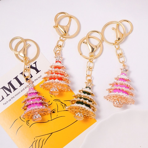 Rhinestone Enamel Christmas Tree Keychain Zinc Alloy Festive Bag Charm Hanging Ornament For Christmas Holiday Party Women Gift