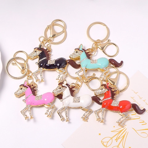 Exquisite Horse Shape Keychain Rhinestone Alloy Enamel Animal Pendant Key Ring Luxury Bag Charms Decoration Women Jewelry Gift