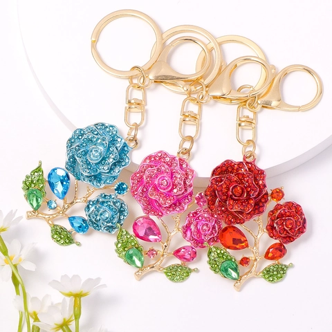 Llavero de Rosa de Aleación de Zinc de Lujo con Strass Colgante Creativo de Metal para Accesorios de Bolso de Mujer Regalo