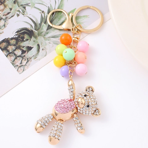 Luxus Strass Teddybär Schlüsselanhänger Mit Macaron Bunten Perlen Legierung Kristall Tier Bär Tasche Anhänger Für Damen Mädchen Geschenk