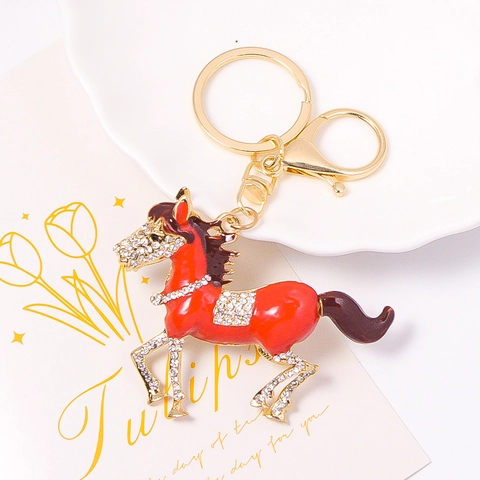 Exquisite Horse Shape Keychain Rhinestone Alloy Enamel Animal Pendant Key Ring Luxury Bag Charms Decoration Women Jewelry Gift