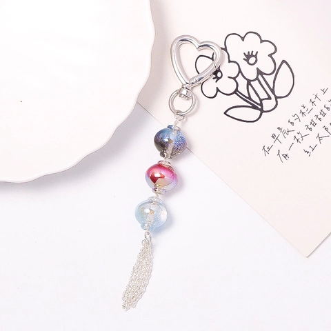 Handmade Gradient Glass Bead Keychain With Heart Metal Clasp Long Tassel Luminous Bag Charm Pendant Jewelry For Women Gift