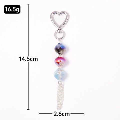 Handmade Gradient Glass Bead Keychain With Heart Metal Clasp Long Tassel Luminous Bag Charm Pendant Jewelry For Women Gift