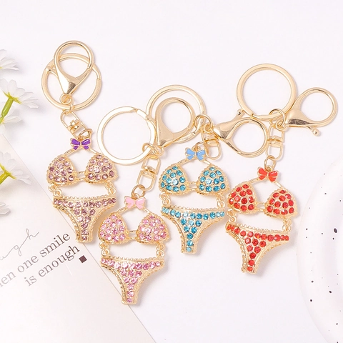 Creative Bikini Shape Rhinestone Keychain Gold Plated Alloy Key Ring Sparkling Beach Bikini Pendant Bag Hanging Decoration