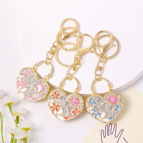 Portachiavi Lussuoso a Forma di Cuore Design Borsa Con Fiore di Strass Ciondolo in Lega e Cristallo Regalo Donna
