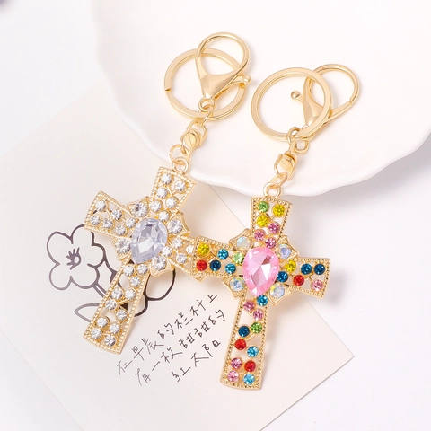 Luxurious Alloy Rhinestone Cross Keychain Gold Plated Religious Key Ring For Women Men Christmas Easter Gift Bag Pendant