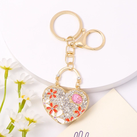 Portachiavi Lussuoso a Forma di Cuore Design Borsa Con Fiore di Strass Ciondolo in Lega e Cristallo Regalo Donna