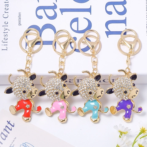 Lussuoso Portachiavi a Forma di Mucca con Strass Cartone Animato Zodiaco Animale Anello di Metallo per Donna Pendente Borsa Oro