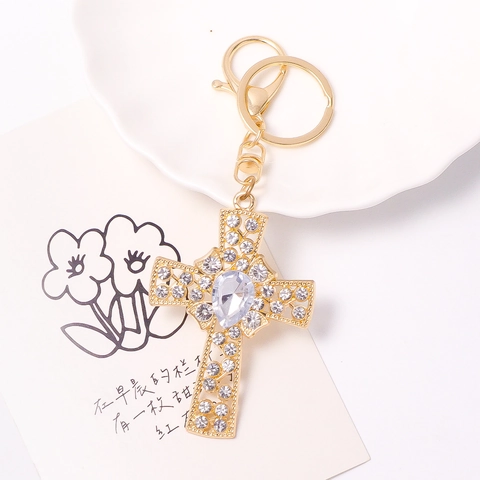 Luxurious Alloy Rhinestone Cross Keychain Gold Plated Religious Key Ring For Women Men Christmas Easter Gift Bag Pendant