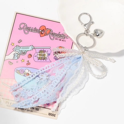 Ins Style Lace Ribbon Bow Keychain With Imitation Artificial Pearls And Heart Pendant Sweet Bag Charm For Women Girl Jewelry Gift