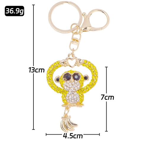 Porte-clés Singe en Strass Brillant Alliage Métallique Mignon Animal Cœur Banane Pendentif de Sac Cadeau de Remise des Diplômes