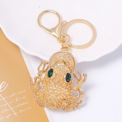 Porte-clés Crapaud de Fortune Chinois en Alliage de Zinc Pendentif Or Avec Yeux en Strass et Fermoir Mousqueton pour Sacs Cadeau