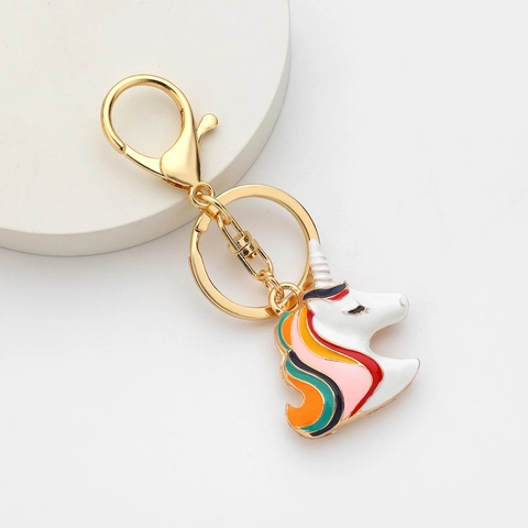 Rainbow Unicorn Keychain With Rhinestone Zinc Alloy Gold Enamel Pony Bag Pendant Charms For Kids Girls Jewelry Gift