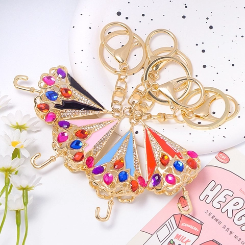 Portachiavi Ombrello con Strass Luccicanti in Lega di Zinco Ciondolo Borsa in Metallo Placcato Oro Anello per Chiavi Donna Regalo di Compleanno