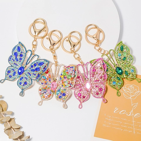 Luxury Rhinestone Hollow Butterfly Keychain For Women Alloy Inlaid Colorful Crystal Butterfly Bag Charm Sparkling Key Ring Gift