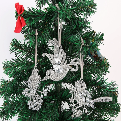 Rhinestone Zinc Alloy Bird Hanging Ornament Silver Bird Shaped Figurine For Christmas Tree Home Party Festive Decoration Gift