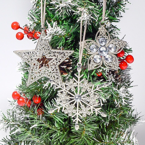 Glittering Rhinestone Alloy Christmas Hanging Ornament Snowflake Hollow Star Shape Festive Xmas Tree Holiday Decoration