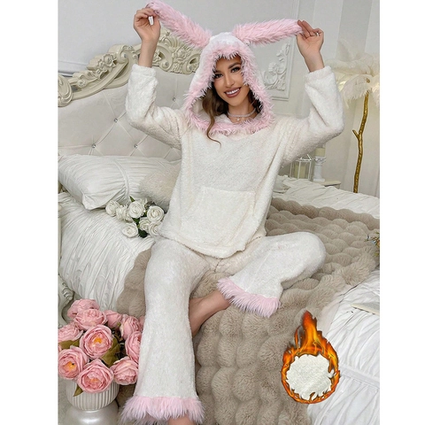 Ensemble De Pyjama Femme Oreilles De Lapin En Polaire Corail Épais Haut À Capuche Et Pantalon Long Vêtements De Nuit Hiver