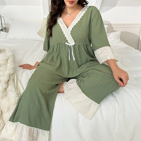 Ensemble de Détente Femme Grande Taille Vert Sauge Col en V Bordure Dentelle Manches Volants Haut et Pantalon Pyjama Décontracté