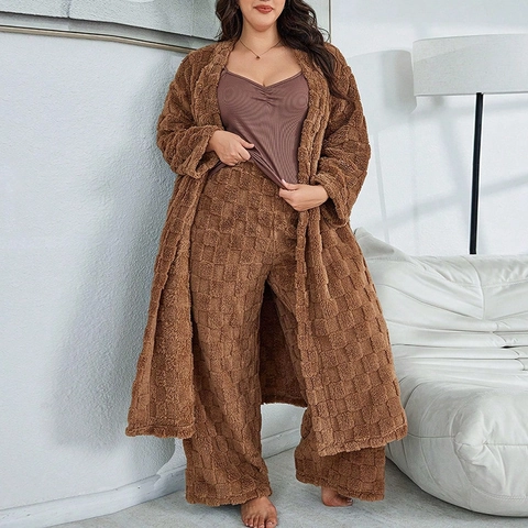 Women's Plus Size Fuzzy Pajama Set Checkerboard Texture Plush Robe Tank Top And Long Pants Coffee Brown Warm Sleepwear