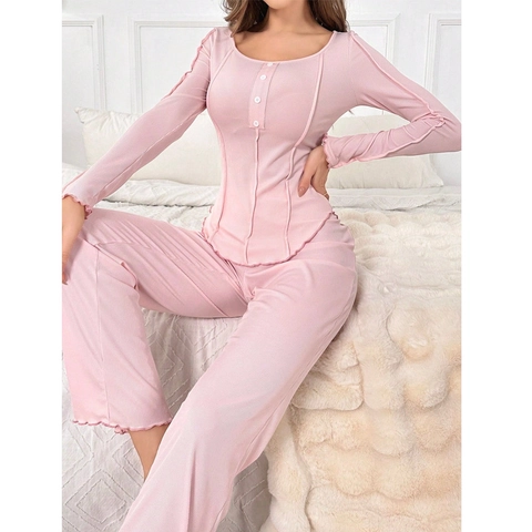 Women Sweet Solid Pink Sleepwear Long Sleeve Ribbed Lettuce Edge Top And Pants Loungewear Homewear Nightwear Apparel