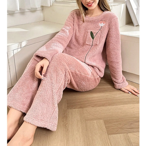 Women Sweet Floral Embroidery Coral Fleece Pajama Set Autumn Winter Thick Warm Round Neck Long Sleeve Top And Pants Homewear