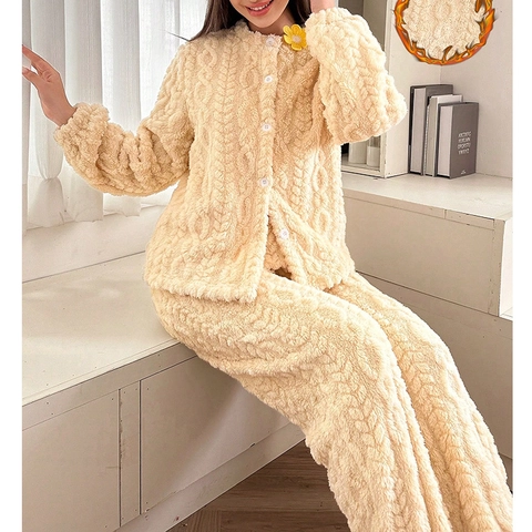 Damen Dicke Plüsch Pyjama Anzug Warm Korallenvlies Zopfstrickmuster Langarm Knopf Home Lounge Wear Cremegelb