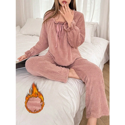 Pigiama da Donna Caldo in Pile di Corallo Scollo Quadrato Manica a Volant Pantaloni Lunghi Pullover Abbigliamento da Casa Morbida Loungewear