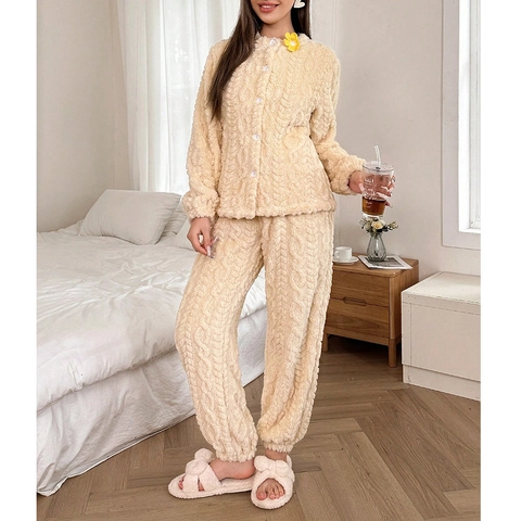 Damen Dicke Plüsch Pyjama Anzug Warm Korallenvlies Zopfstrickmuster Langarm Knopf Home Lounge Wear Cremegelb