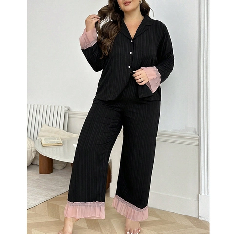 Damen Schlafanzug-Set In Übergröße Vertikal Plissiert Langarm Revers Oberteil Und Lange Hose Wellenkante Patchwork Homewear