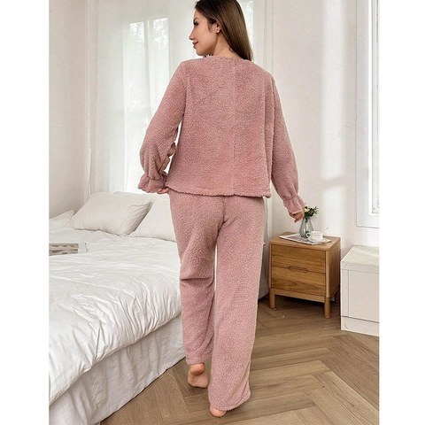 Pigiama da Donna Caldo in Pile di Corallo Scollo Quadrato Manica a Volant Pantaloni Lunghi Pullover Abbigliamento da Casa Morbida Loungewear