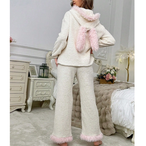 Ensemble De Pyjama Femme Oreilles De Lapin En Polaire Corail Épais Haut À Capuche Et Pantalon Long Vêtements De Nuit Hiver