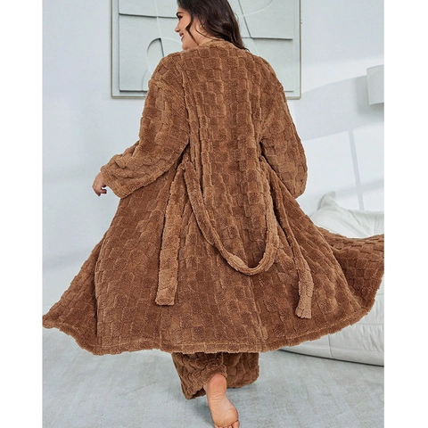 Women's Plus Size Fuzzy Pajama Set Checkerboard Texture Plush Robe Tank Top And Long Pants Coffee Brown Warm Sleepwear