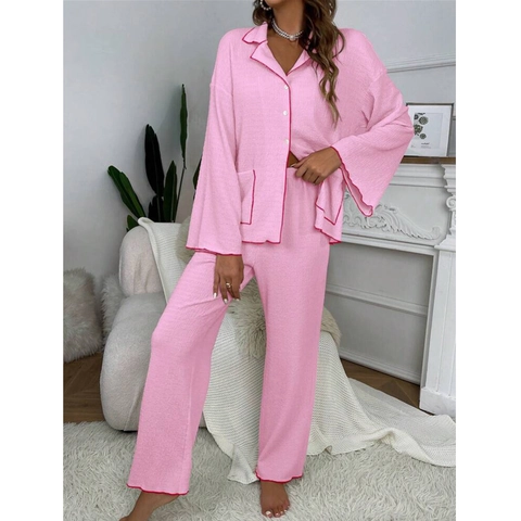 Set Pigiama da Donna a Maniche Lunghe con Rever e Bottoni Loungewear Top E Pantaloni Bordo a Contrasto Consistenza Increspata Home Service
