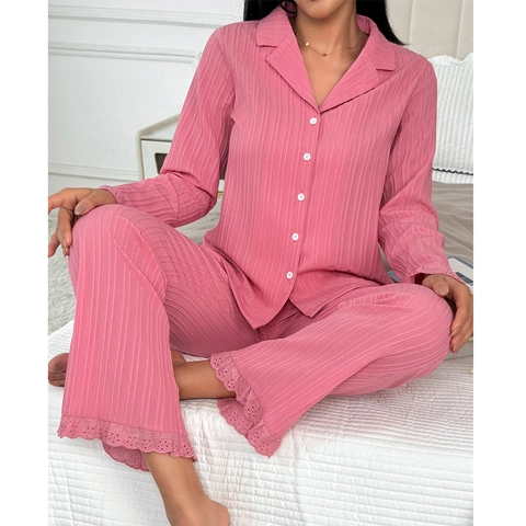 Ensemble Pyjama Côtelé Femme Rose Manches Longues Cardigan Revers Haut Et Pantalon Vêtements de Détente Avec Dentelle