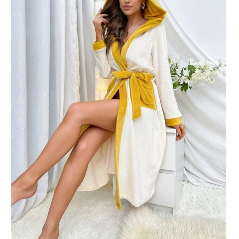 Women Color Block Hooded Bathrobe Long Sleeve Plush Coral Fleece Lounge Robe With Belt Pockets Warm Sleepwear For Ladies