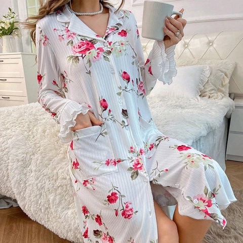 Women Sweet Rose Floral Print Nightgown Long Sleeve Button Down Lapel Collar Ruffle Cuff Midi Sleepshirt Loungewear