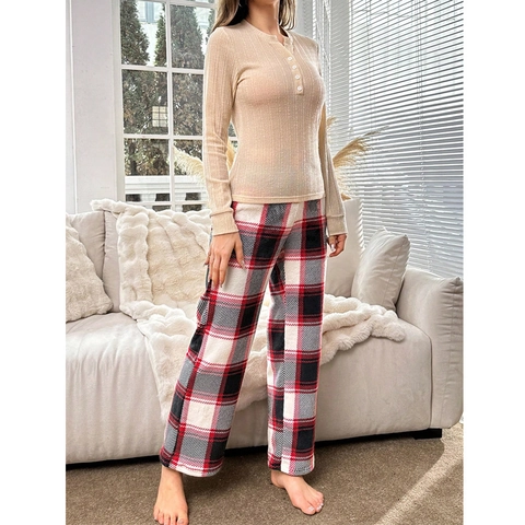 Women Casual Loungewear Plaid Pants And Long Sleeve Henley Top Comfortable Soft Cotton Blend Sleepwear Home Nightwear Suit