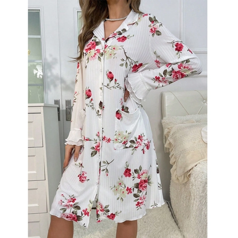 Women Sweet Rose Floral Print Nightgown Long Sleeve Button Down Lapel Collar Ruffle Cuff Midi Sleepshirt Loungewear