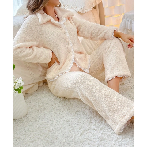 Women Thickened Warm Plush Loungewear Set Sweet Lace Trim Fleece Pajamas Long Sleeve Button Down Top And Pants Set