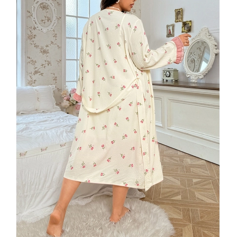Pyjama Grande Taille Femme Floral Doux Ourlet à Volants Robe de Chambre Manches Longues Et Nuisette Loungewear Décontracté