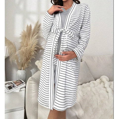 Zwangerschap Loungewear Gestreepte Cardigan En Mouwloze Gebreide Jurk Met V-hals En Kant Voor Zwangere Vrouwen Thuis kleding