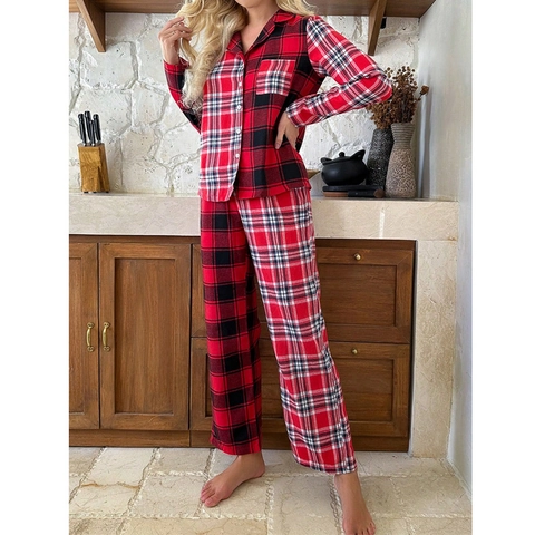 Conjunto de Pijama de Cuadros Vintage para Mujer Top con Botones y Solapa de Manga Larga y Pantalones Lounge Wear